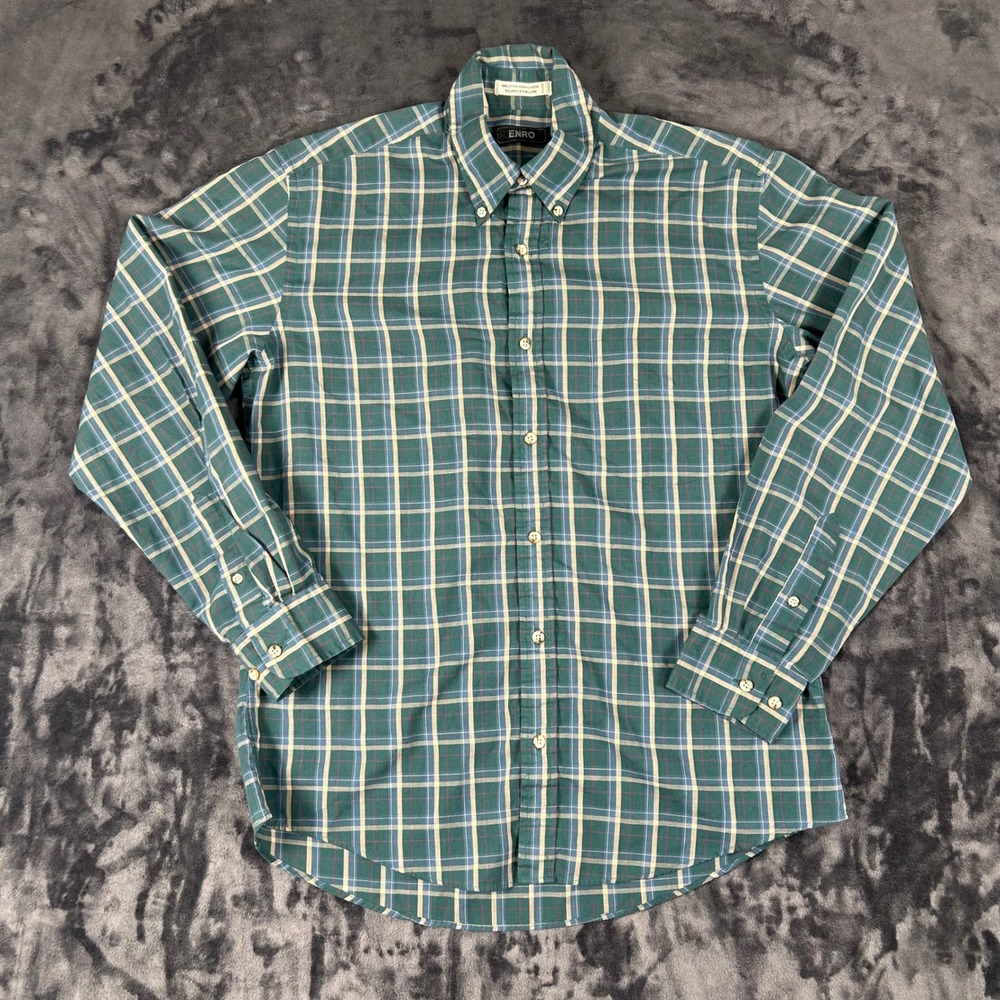 Enro Button Down Shirt Mens M Green Plaid Long Sleeve Cotton Blend